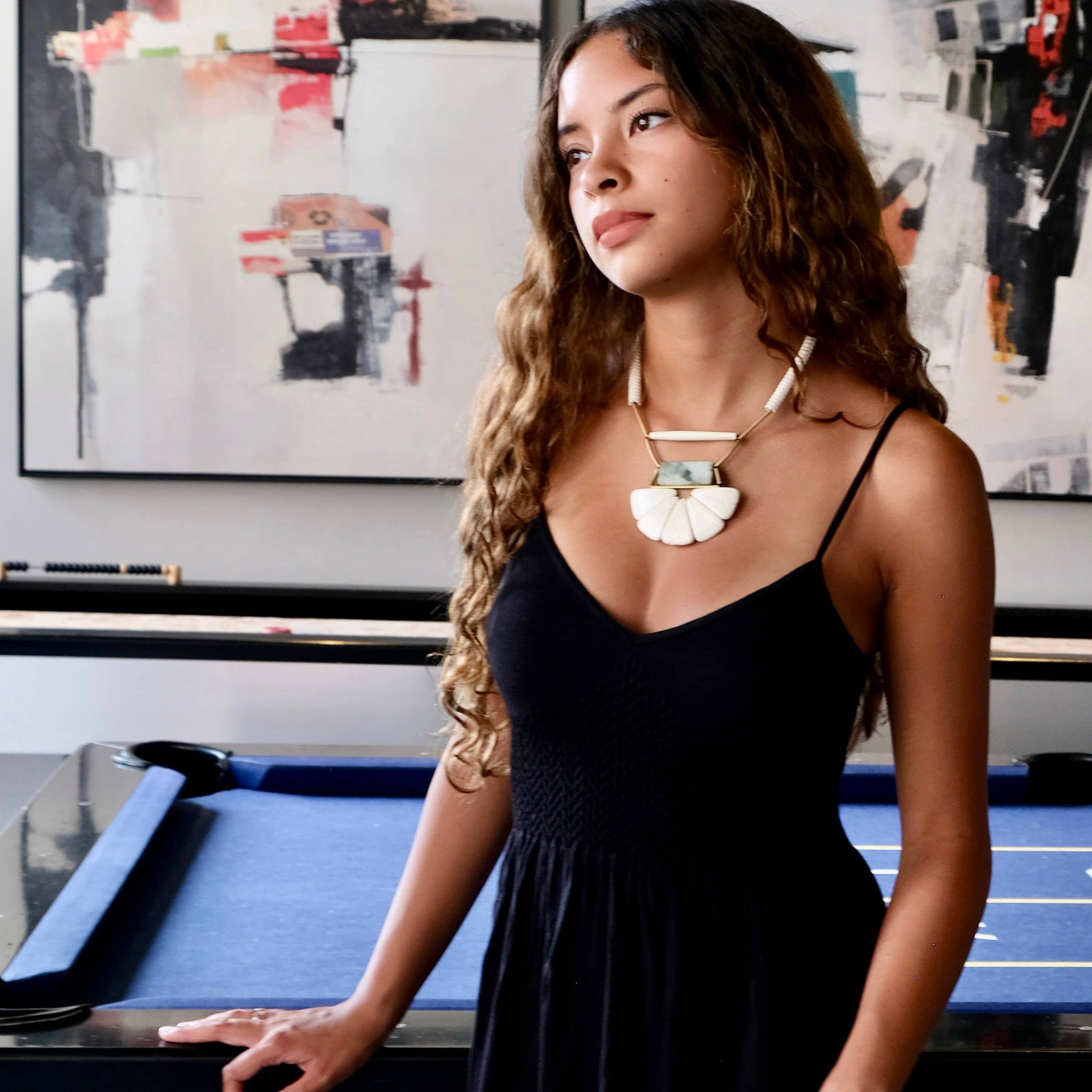 Magnesite, horn, serpentine, and brass necklace