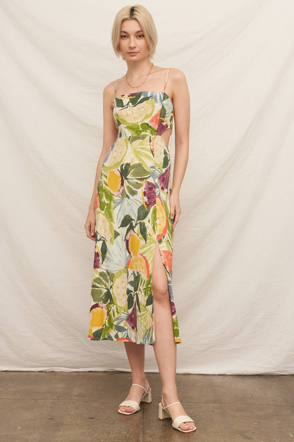 Lola Tropical Fruit Print Tie-Back Midi Dress