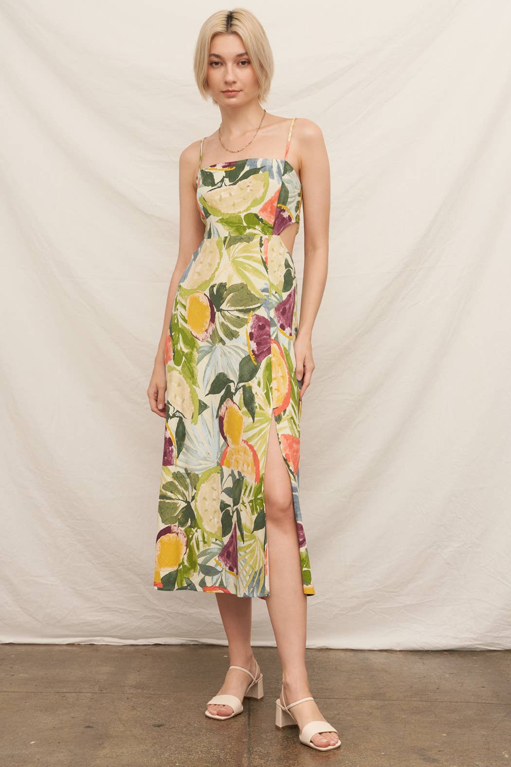 Tropical Fruit Print Sleeveless Midi Dress with Tie-Back