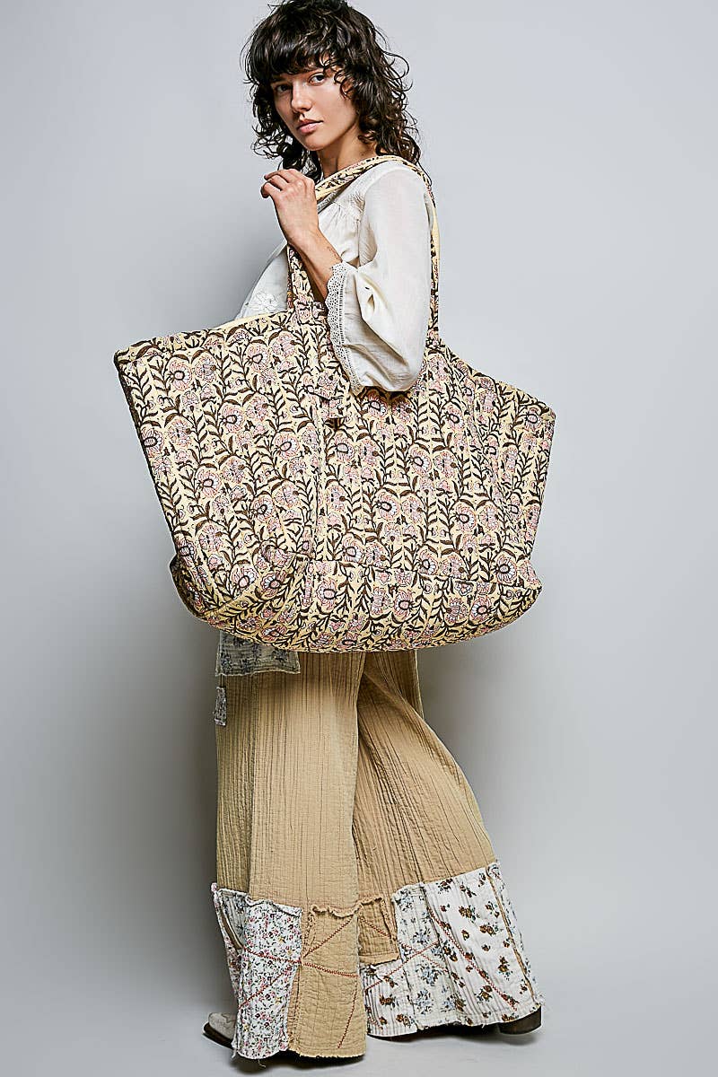 Ribbon-Tie Quilted Floral Jumbo Tote Bag