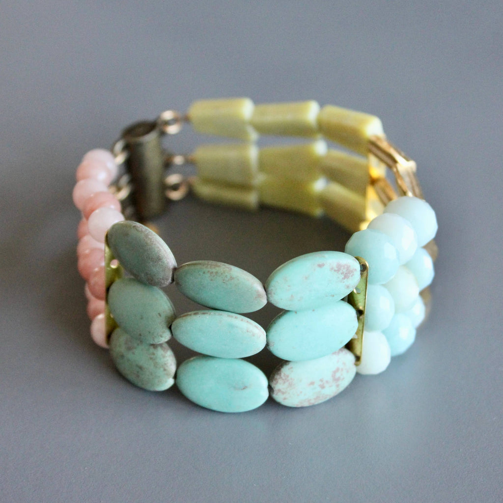 Blush pink, turquoise, and yellow jade bracelet