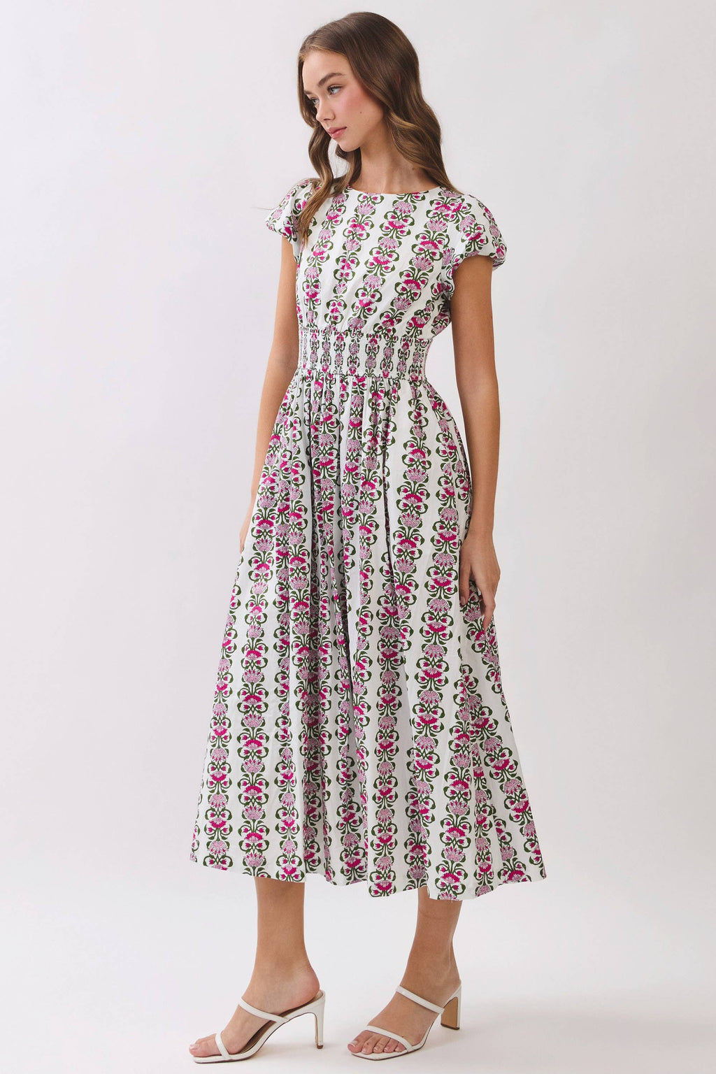 Floral Stripe Smocked Waist Midi Dress