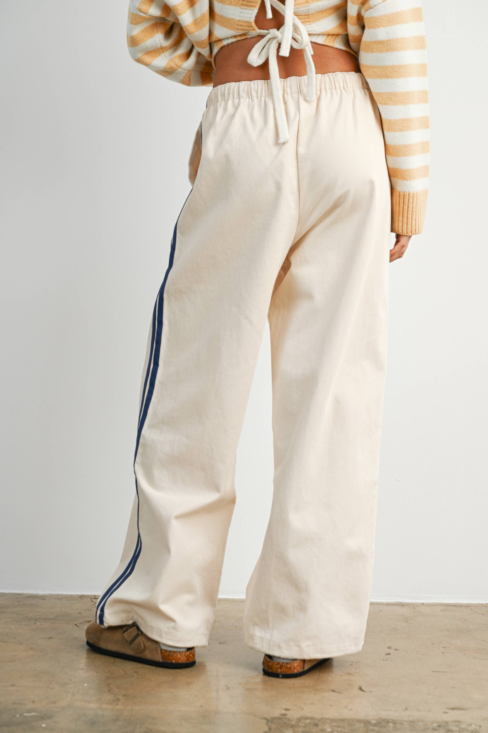 Striped Wide-Leg Drawstring Track Pants