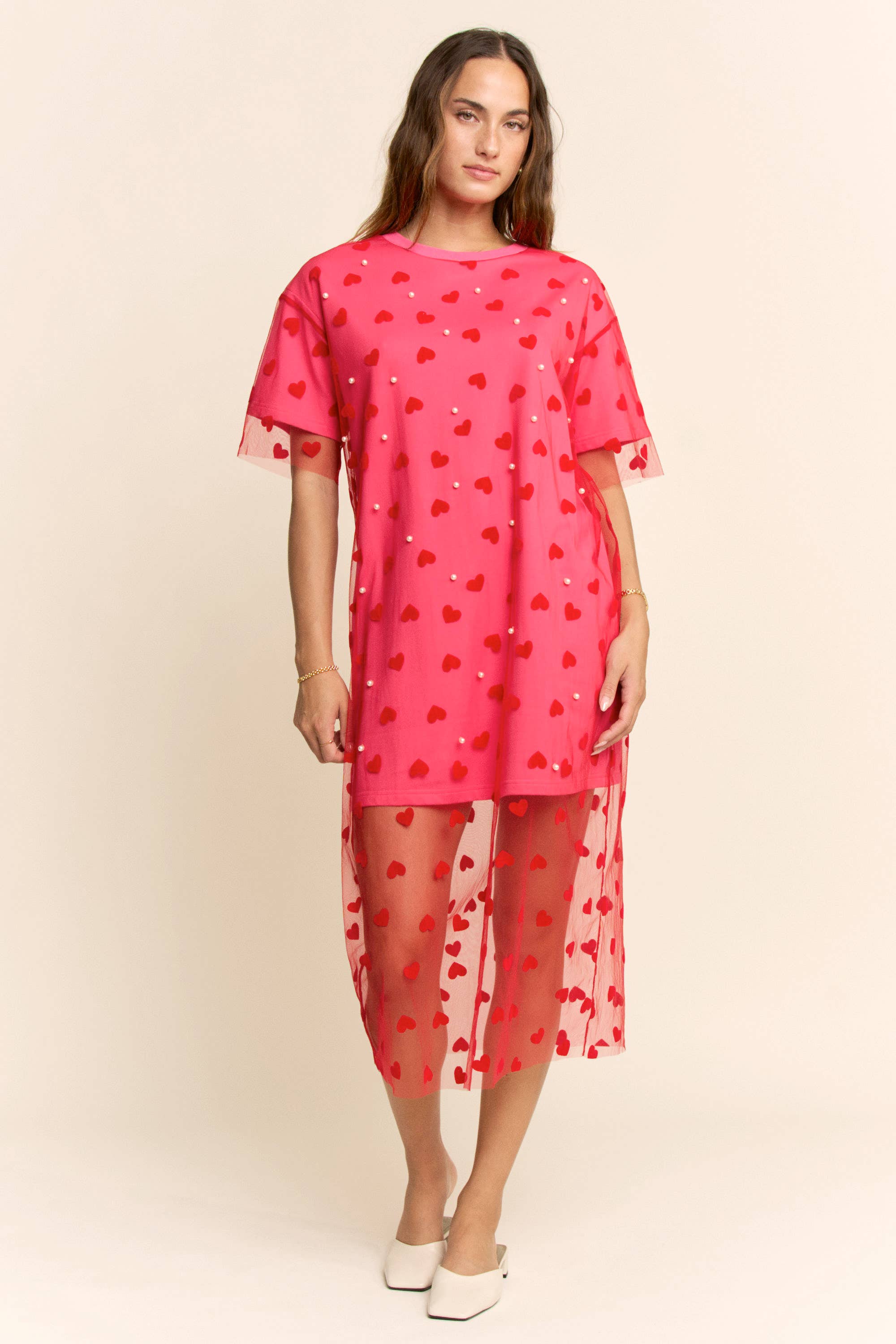 HEART MESH LAYERED T SHIRT DRESS