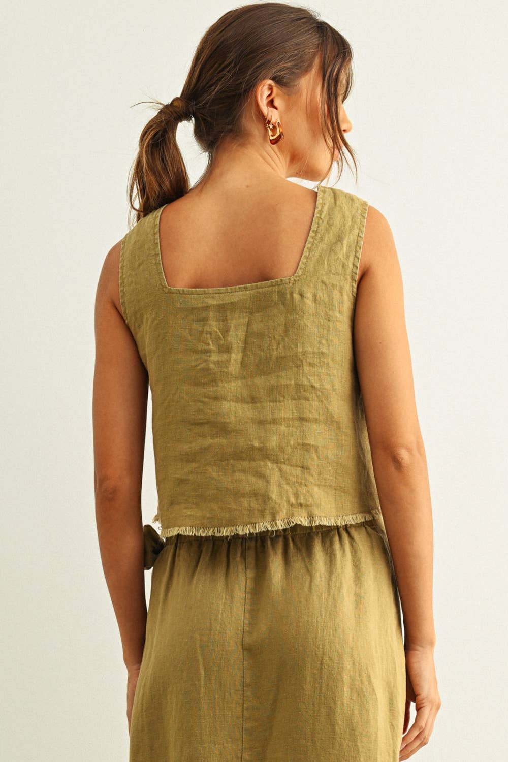 SHORT SLEEVE SQUARE NECK RAW HEM TOP