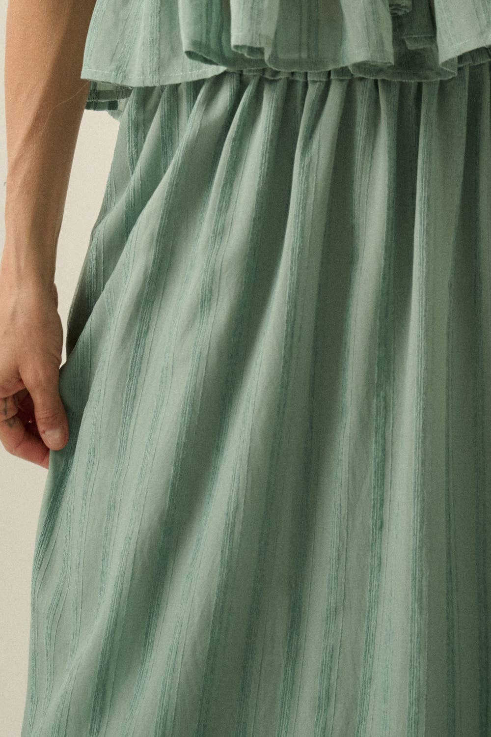 Textured Tonal-Stripe Tiered Ruffle Maxi Skirt