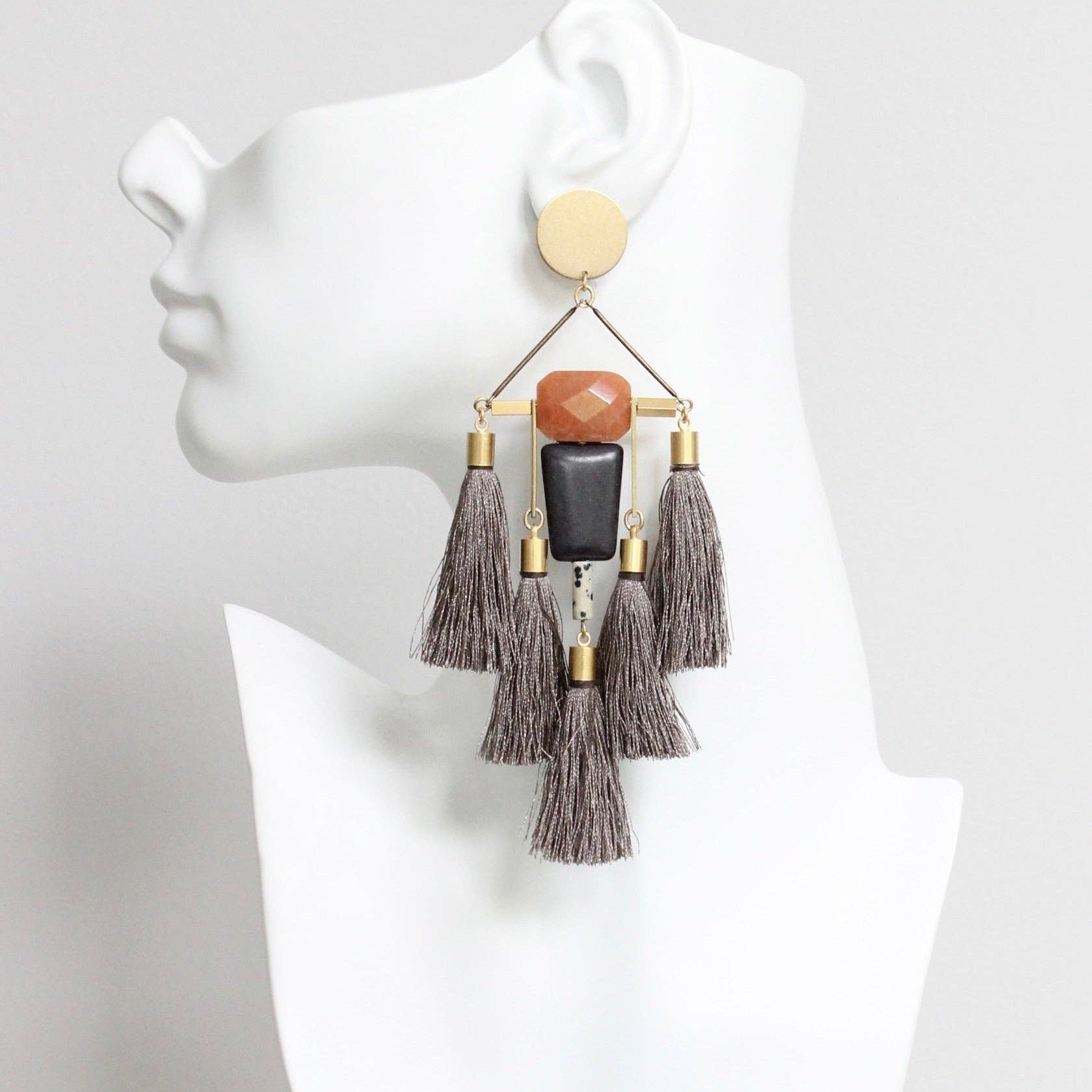 Carnelian jade and black shoulder duster tassel earrings
