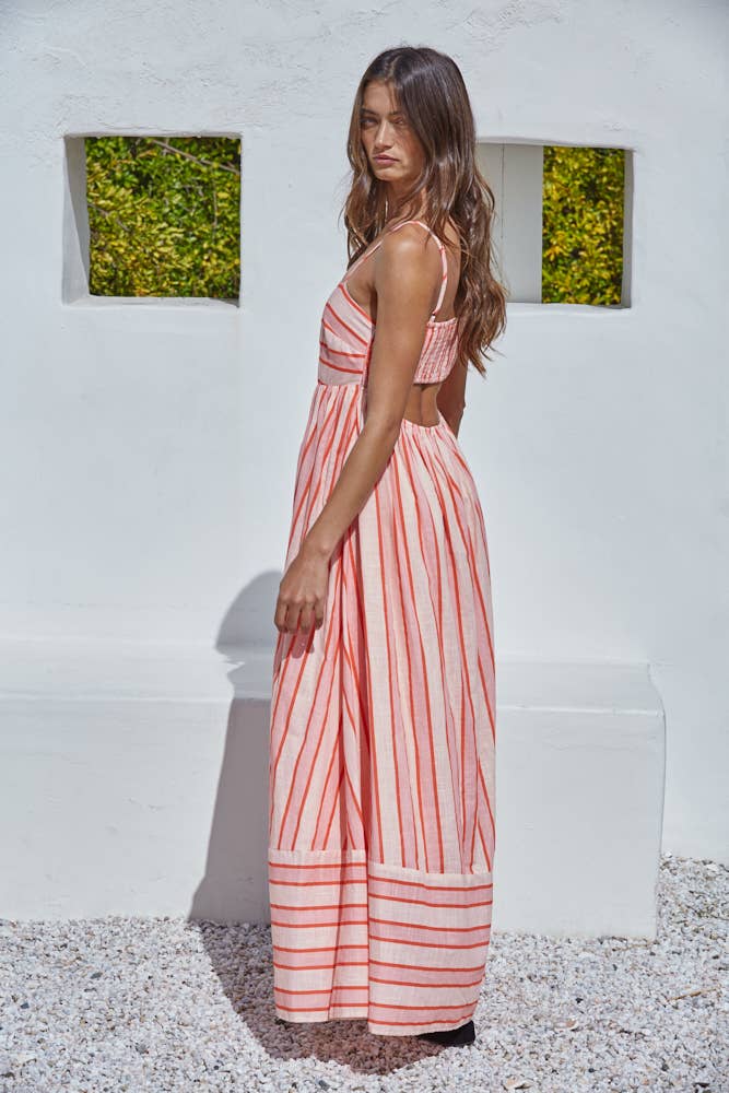 Woven Cotton Striped Tube Neck Midi Dress