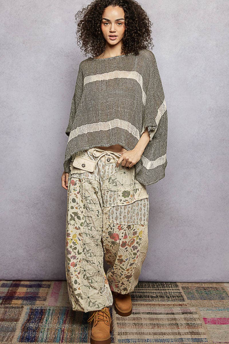 Stripe Round Neck Short Sleeve Crochet Top