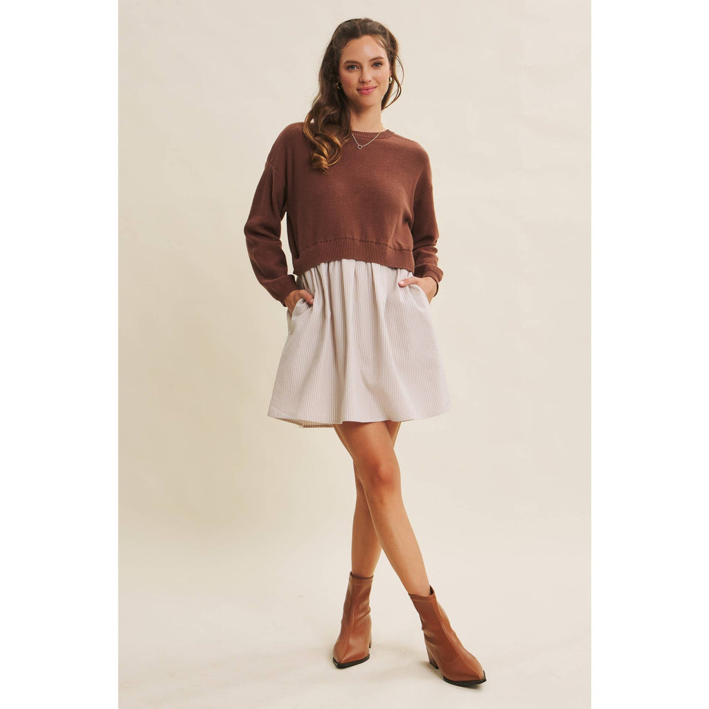 EASY COFFEE DATE BACK RIBBON TWOFER MINI SWEATER DRESS