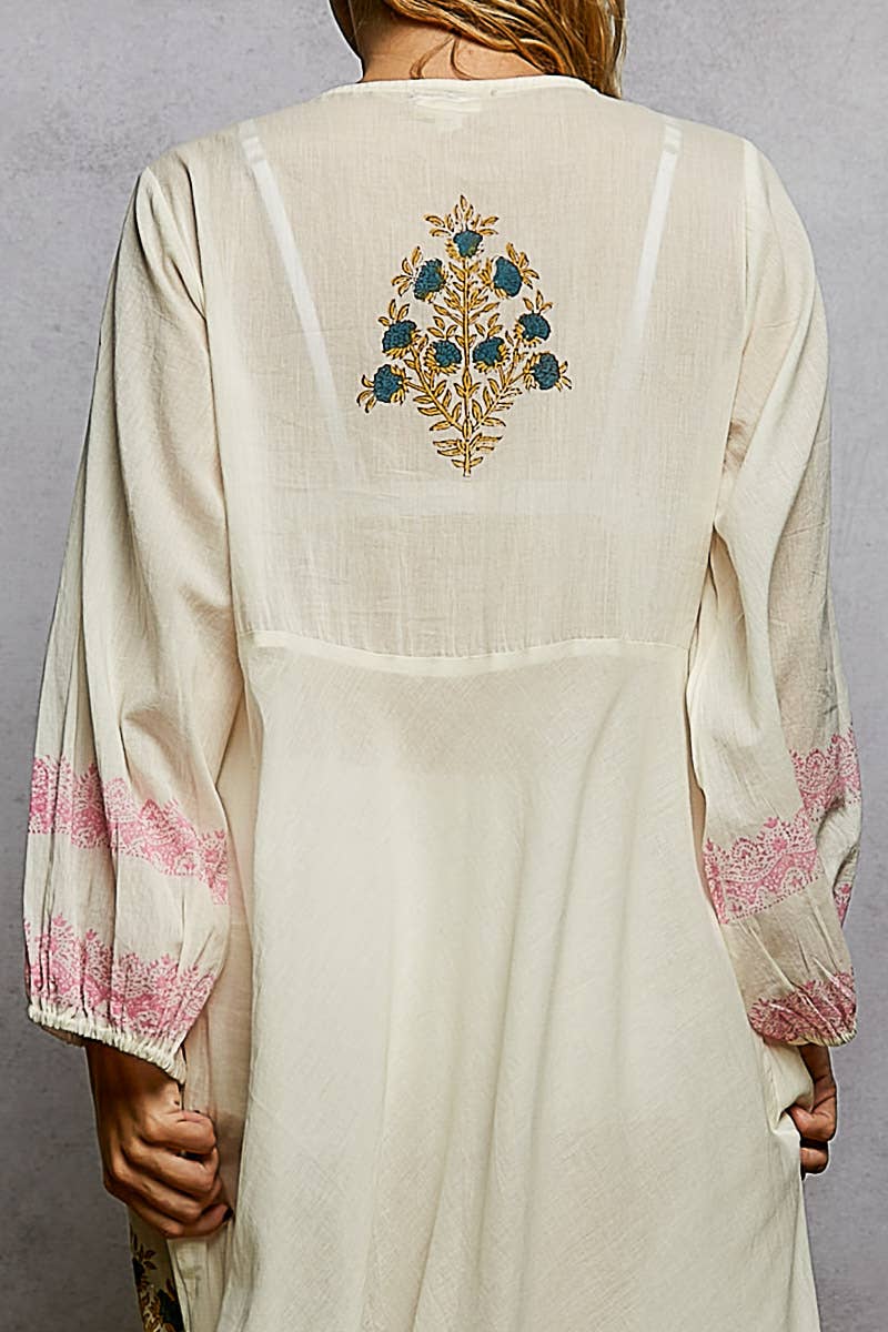 Embroidered Floral Print V-Neck Balloon Sleeve Maxi Dress