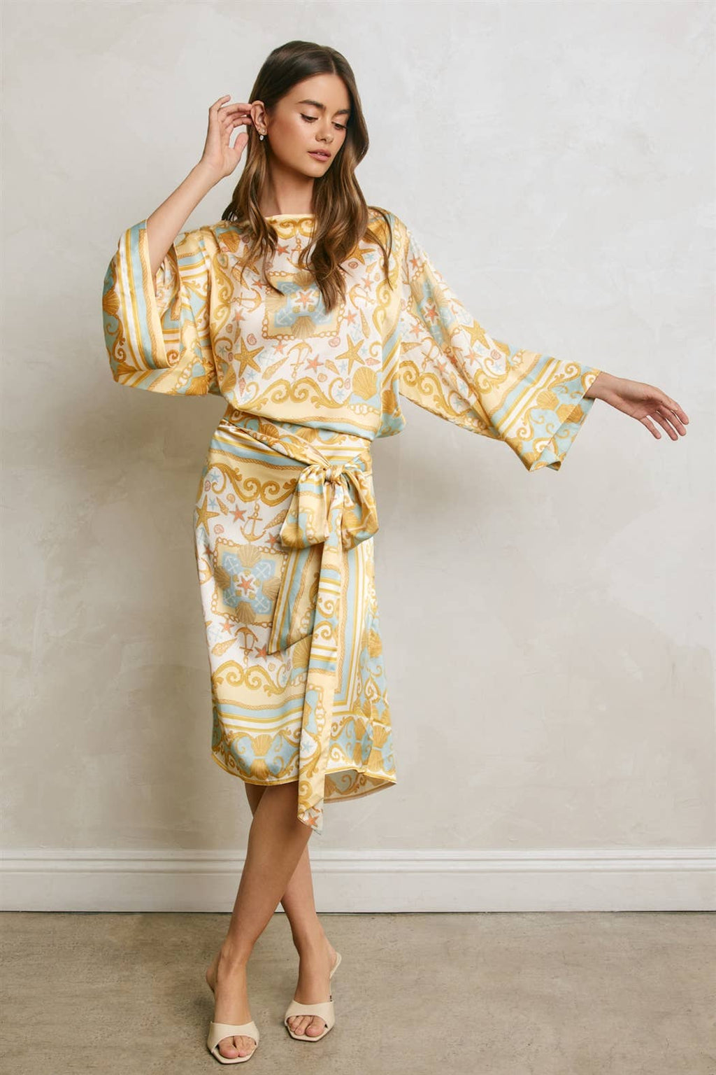 Conversational Scarf Satin Sash Kaftan Dress