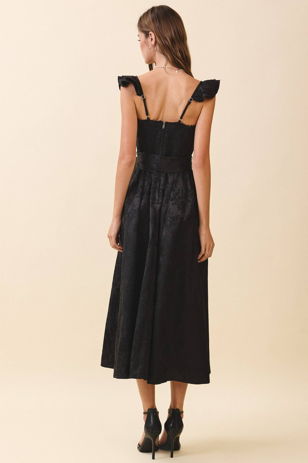 Jacquard Sweetheart Neck Ruffled Shoulder Dress