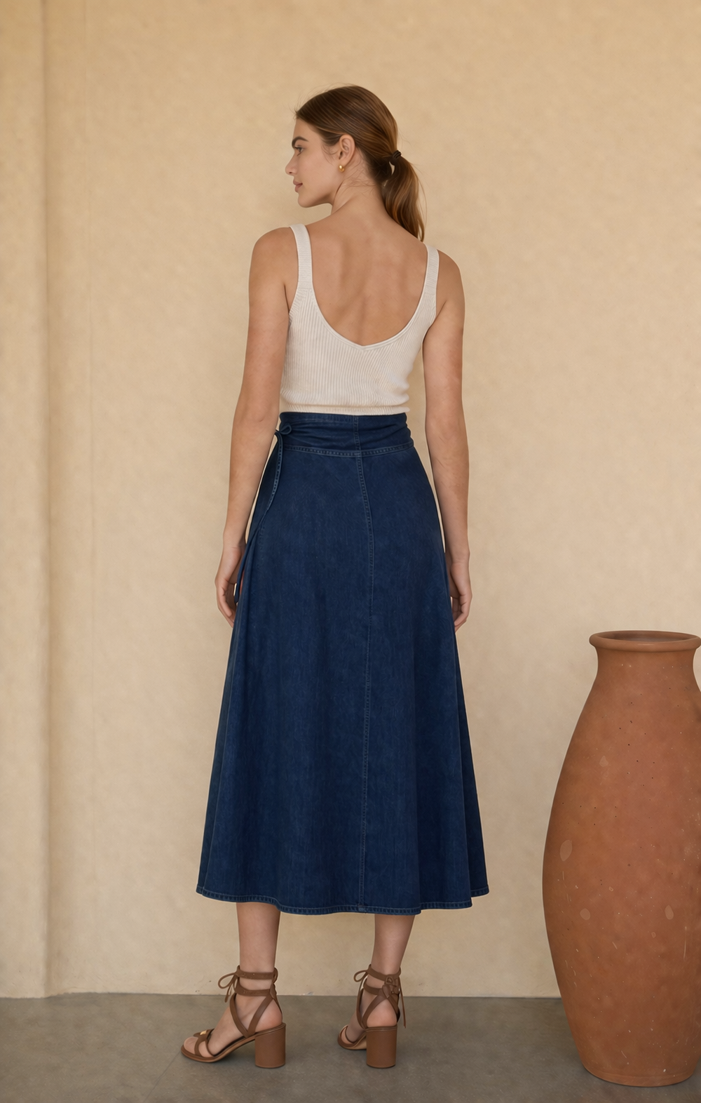 DENIM ASYMMETRIC WRAP MIDI SKIRT