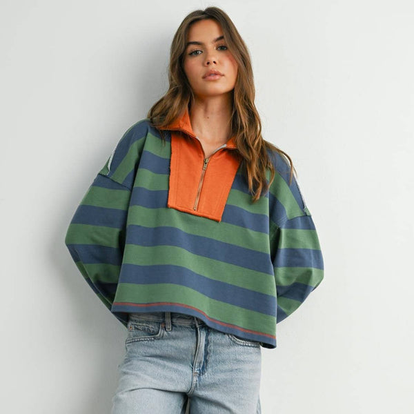 Striped Quarter-Zip Contrast Collar Sweatshirt