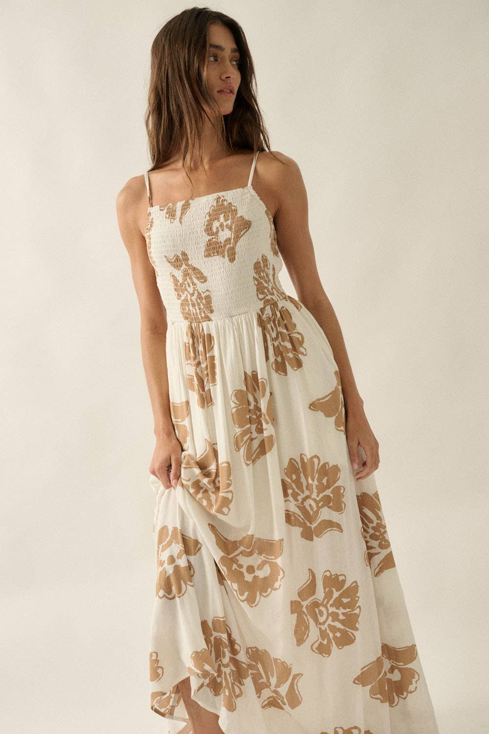 Floral-Print Smocked Open-Back Maxi Dress
