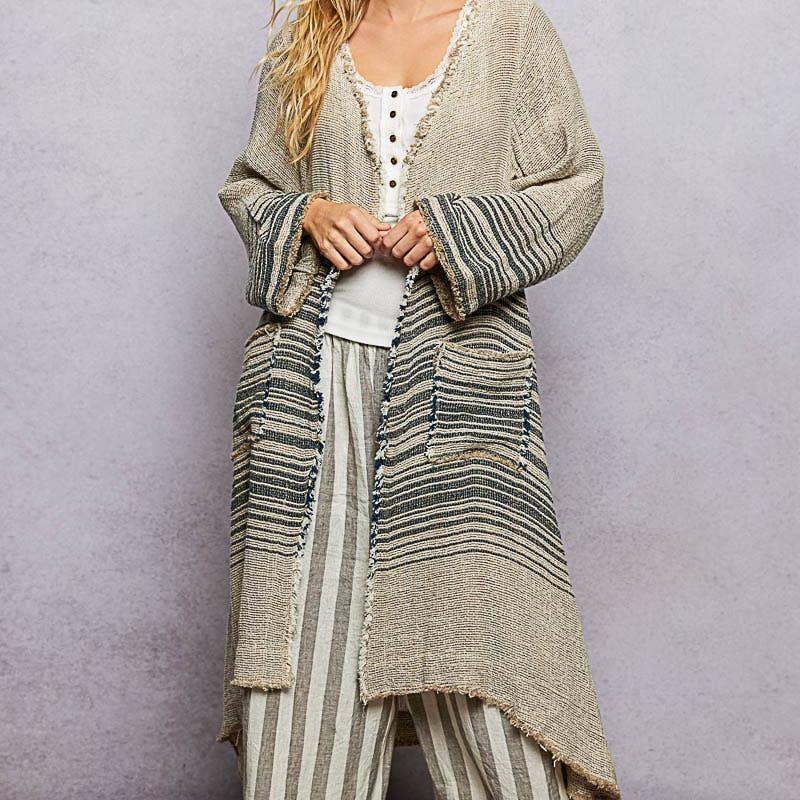 V-Neck Solid Stripe Linen Long Sleeve Cardigan