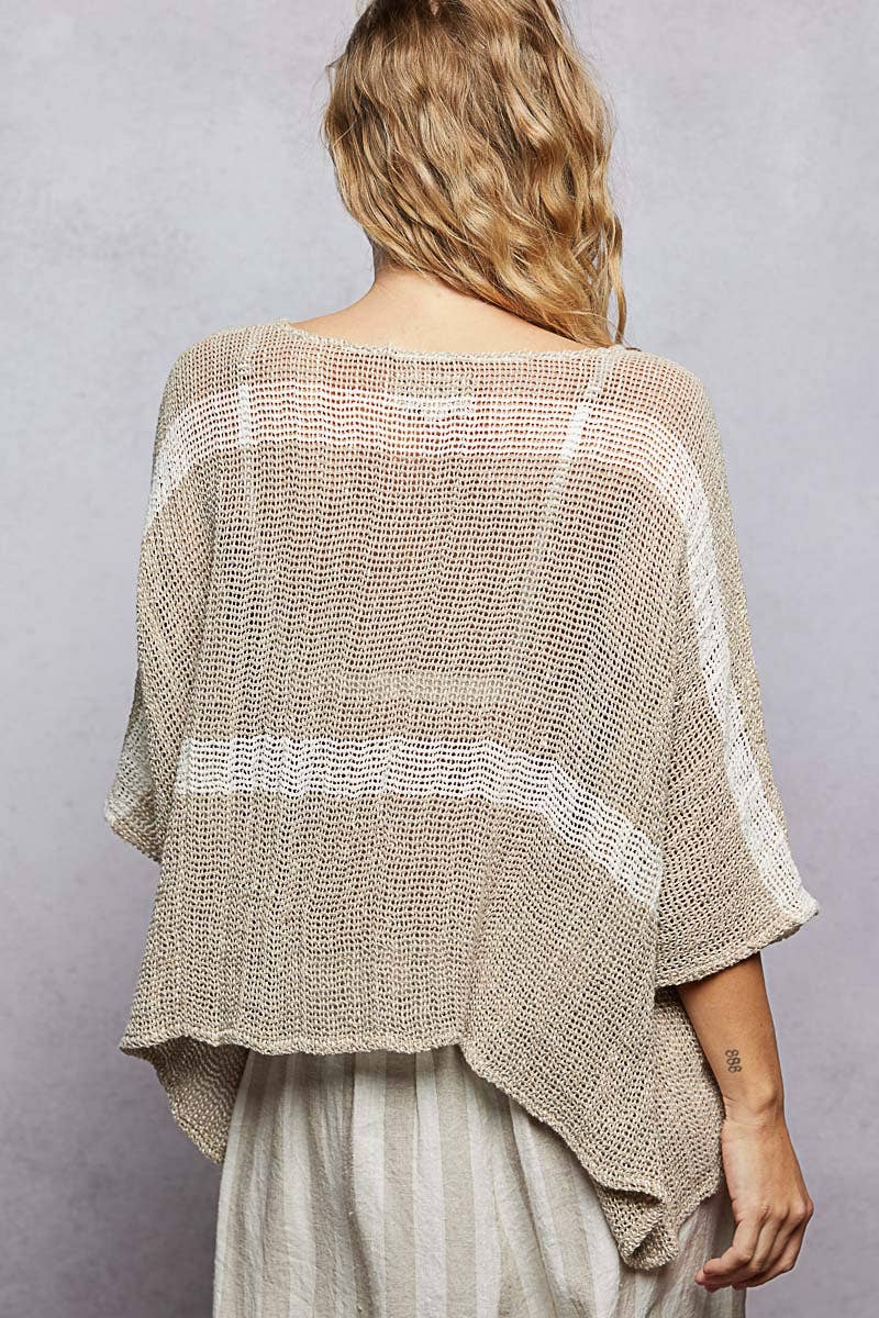 Stripe Round Neck Short Sleeve Crochet Top