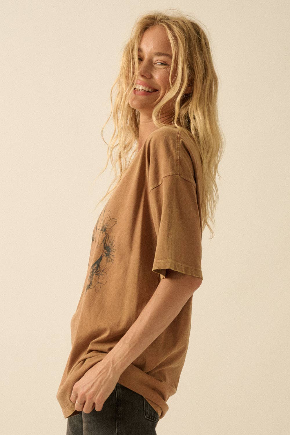 Horses and Flowers Distressed Oversize Graphic Tee