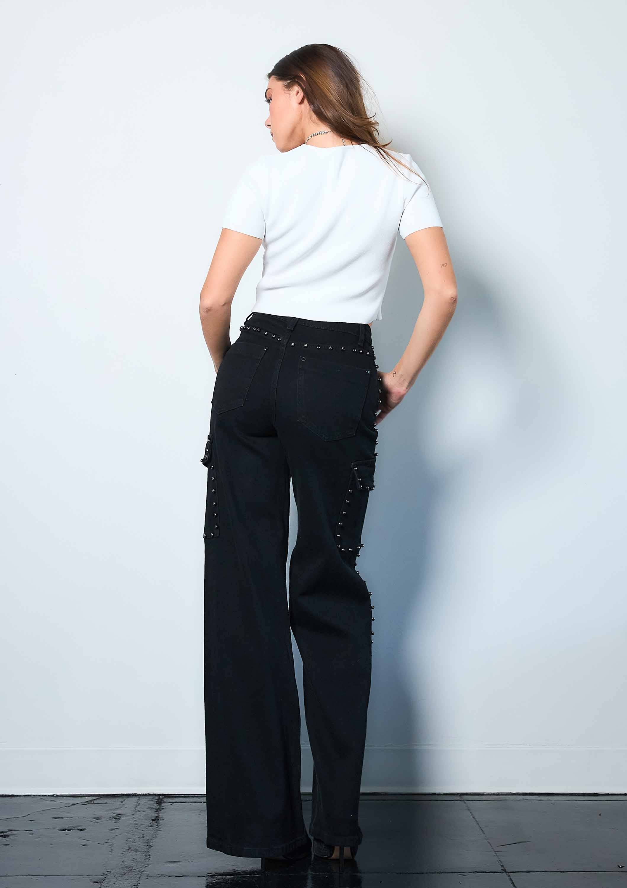 Silver Stud High-Rise Wide Leg Cargo Jeans