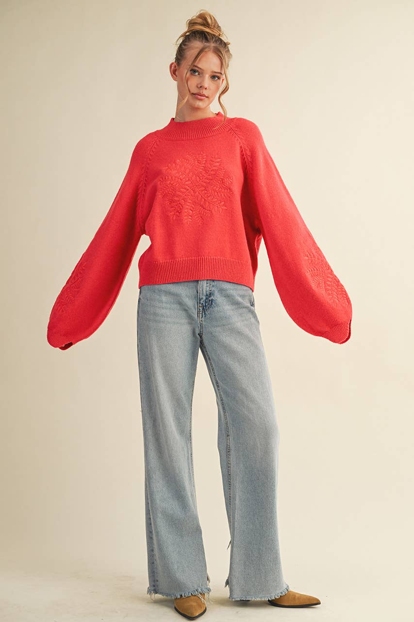 Mock Neck  Snowflake Embroidered Sweater