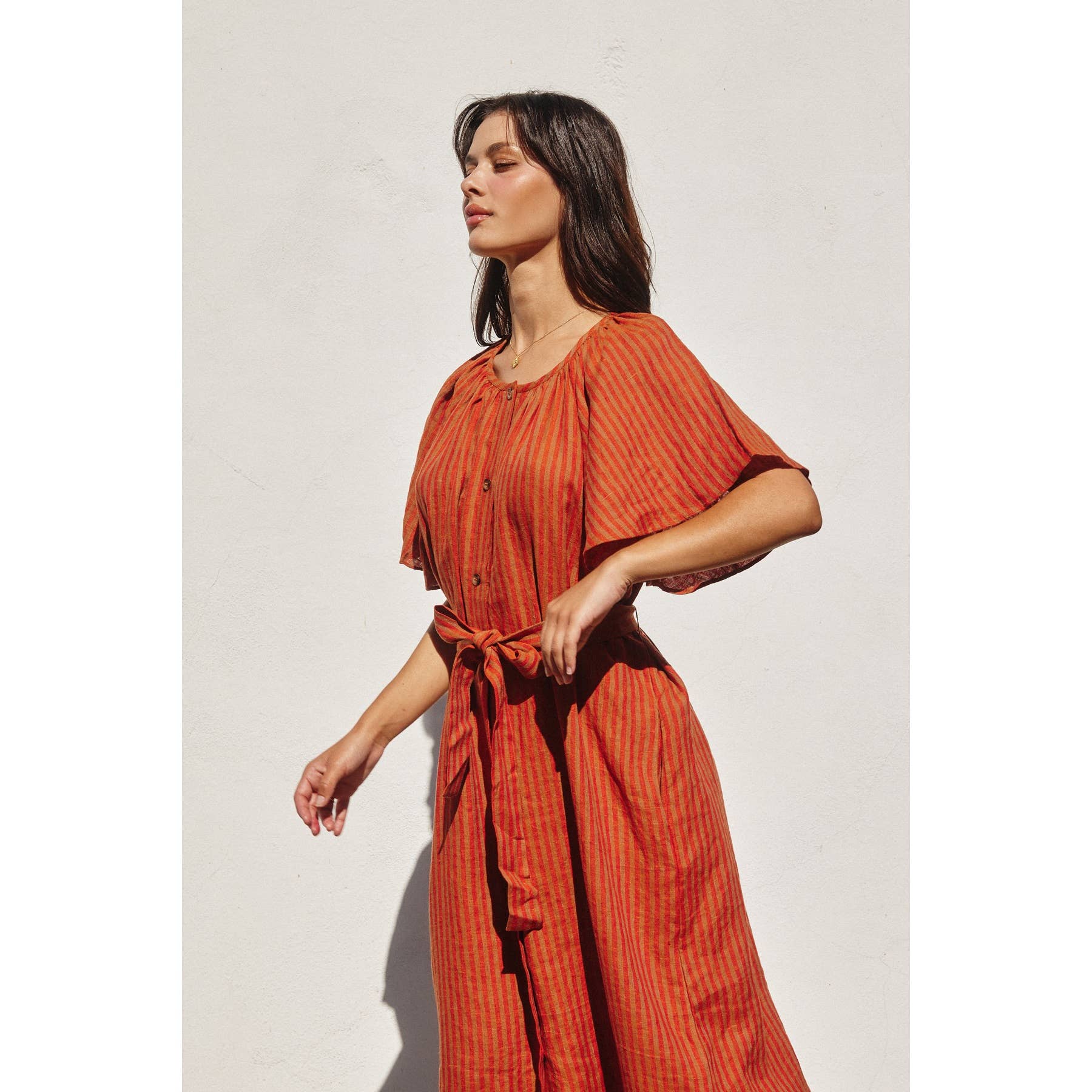 Striped Linen Gathered Neck Button Down Dress