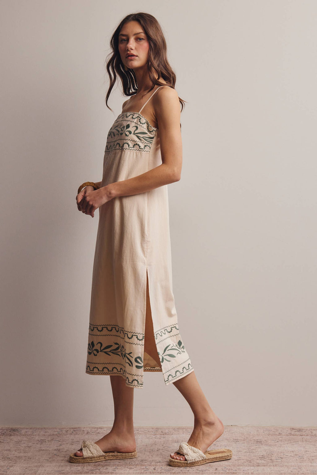 Embroidered Straight-Neck Cotton Midi Dress