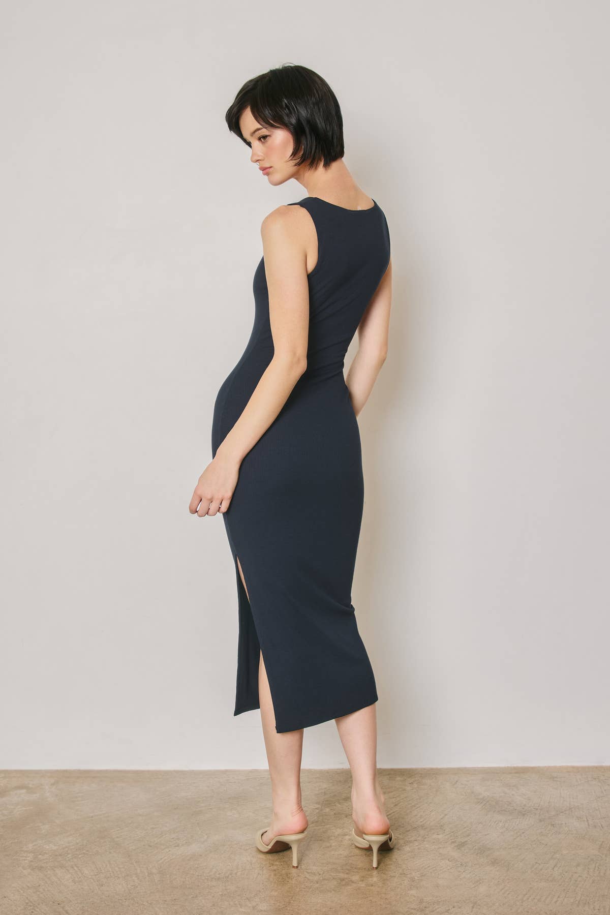 Ribbed Knit Square Neck Bodycon Midi Dress