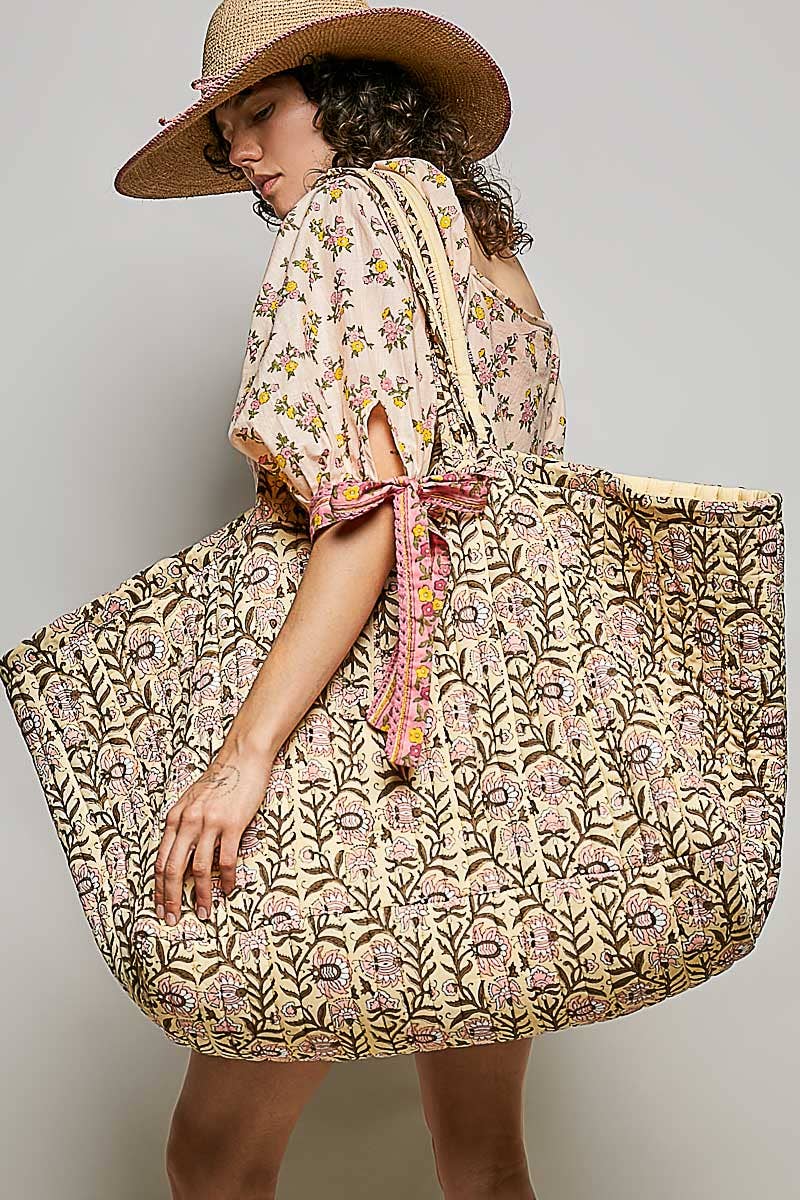 Ribbon-Tie Quilted Floral Jumbo Tote Bag