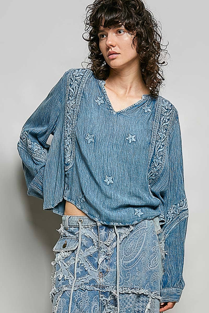 Vanessa V-neck Long Sleeve Floral Embroidered Cotton Woven Top