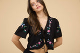 Floral Embroidery Crop Tie Blouse