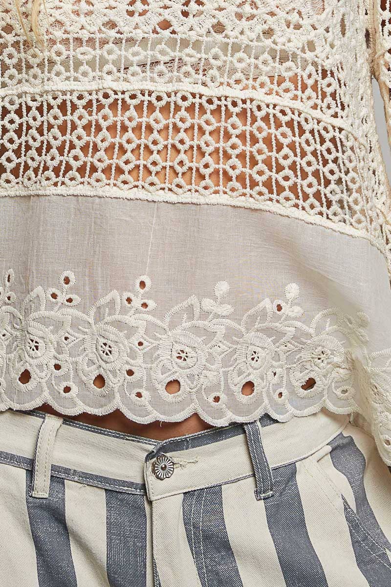 Long Sleeve Round Neck Women Crochet Top