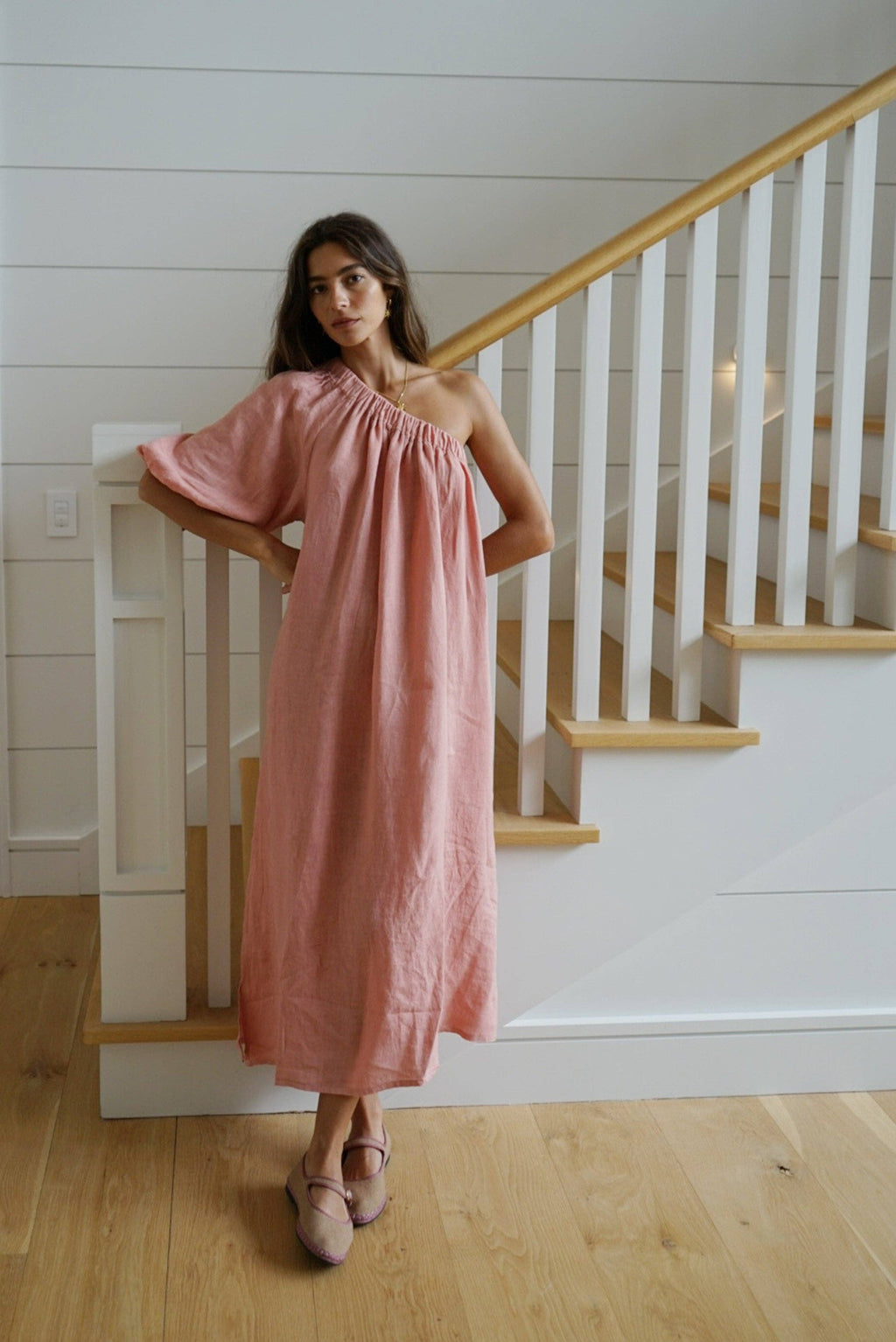 Milos Linen One-Shoulder Maxi Dress – Rose