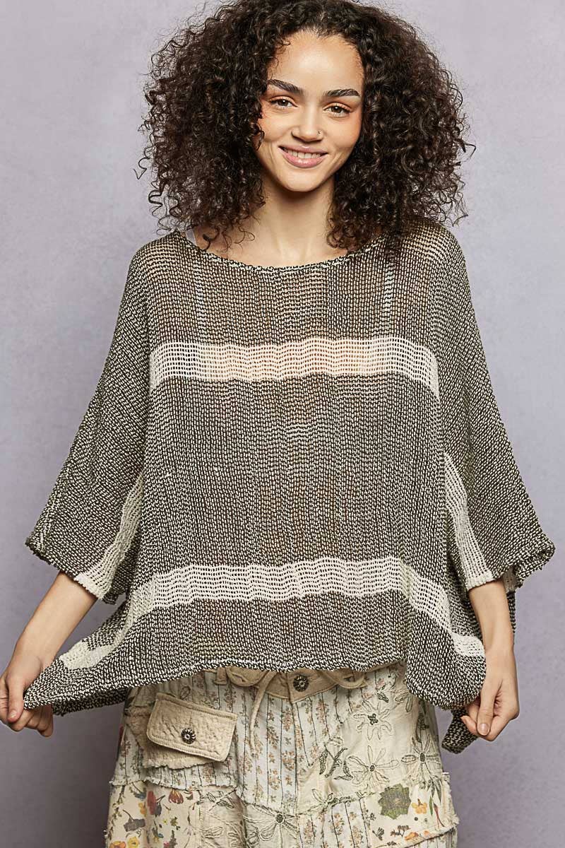 Stripe Round Neck Short Sleeve Crochet Top