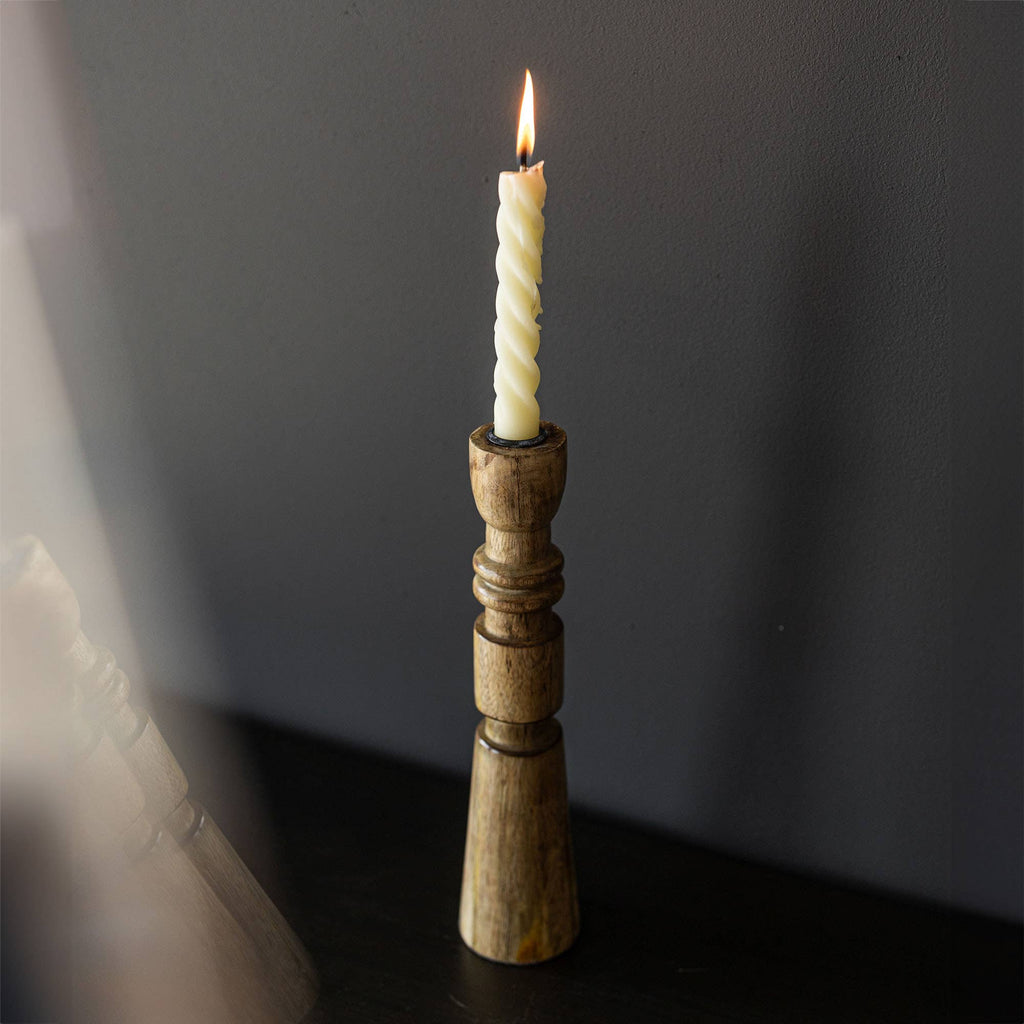 Yuma Boho Carved Stack Taper Holder Wood With Metal Cup