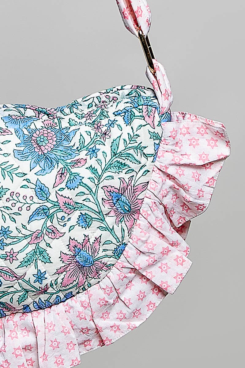 Half Moon Quilted Floral Ruffle Crossbody Bag