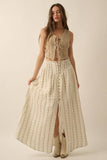 Floral-stripe Yoke-Waist Button-Front Maxi Skirt
