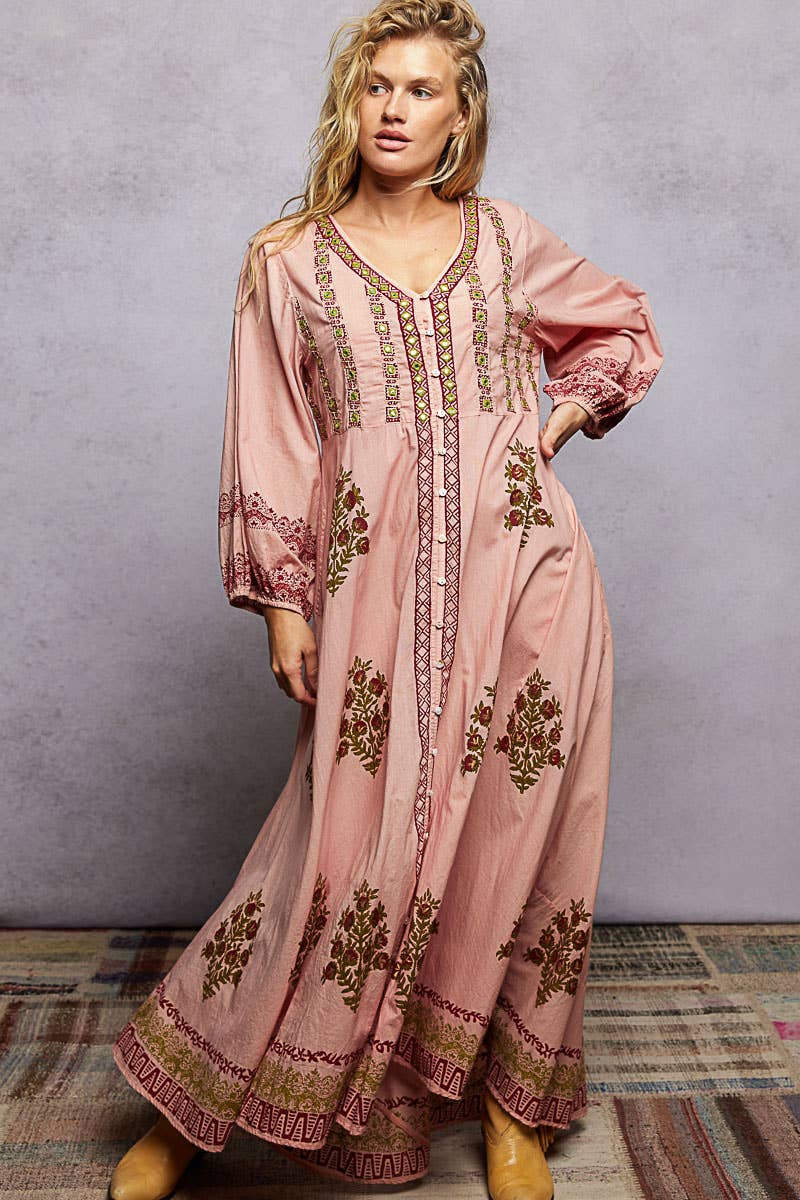 Embroidered Floral Print V-Neck Balloon Sleeve Maxi Dress