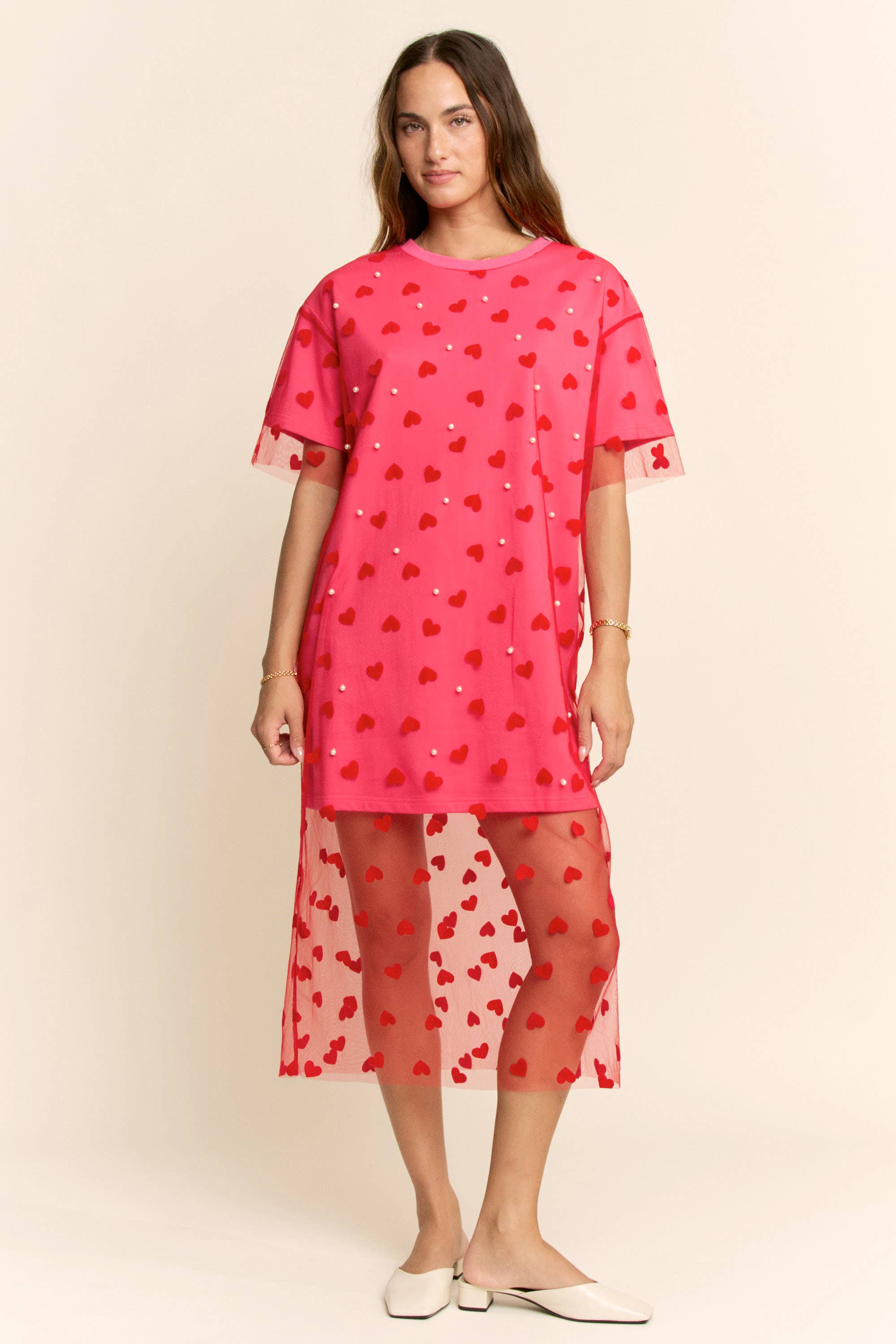 HEART MESH LAYERED T SHIRT DRESS