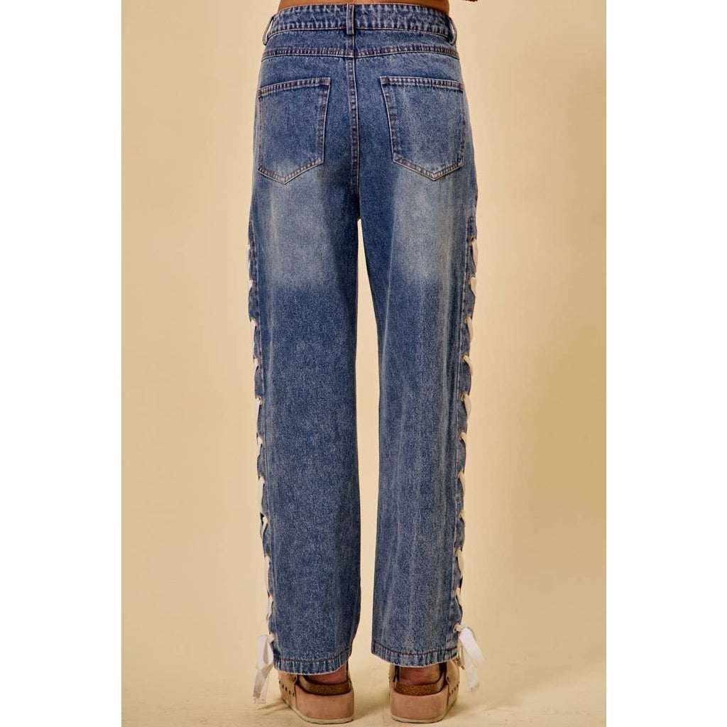 Mid Rise Straight Leg Denim Side Lace Up Jeans