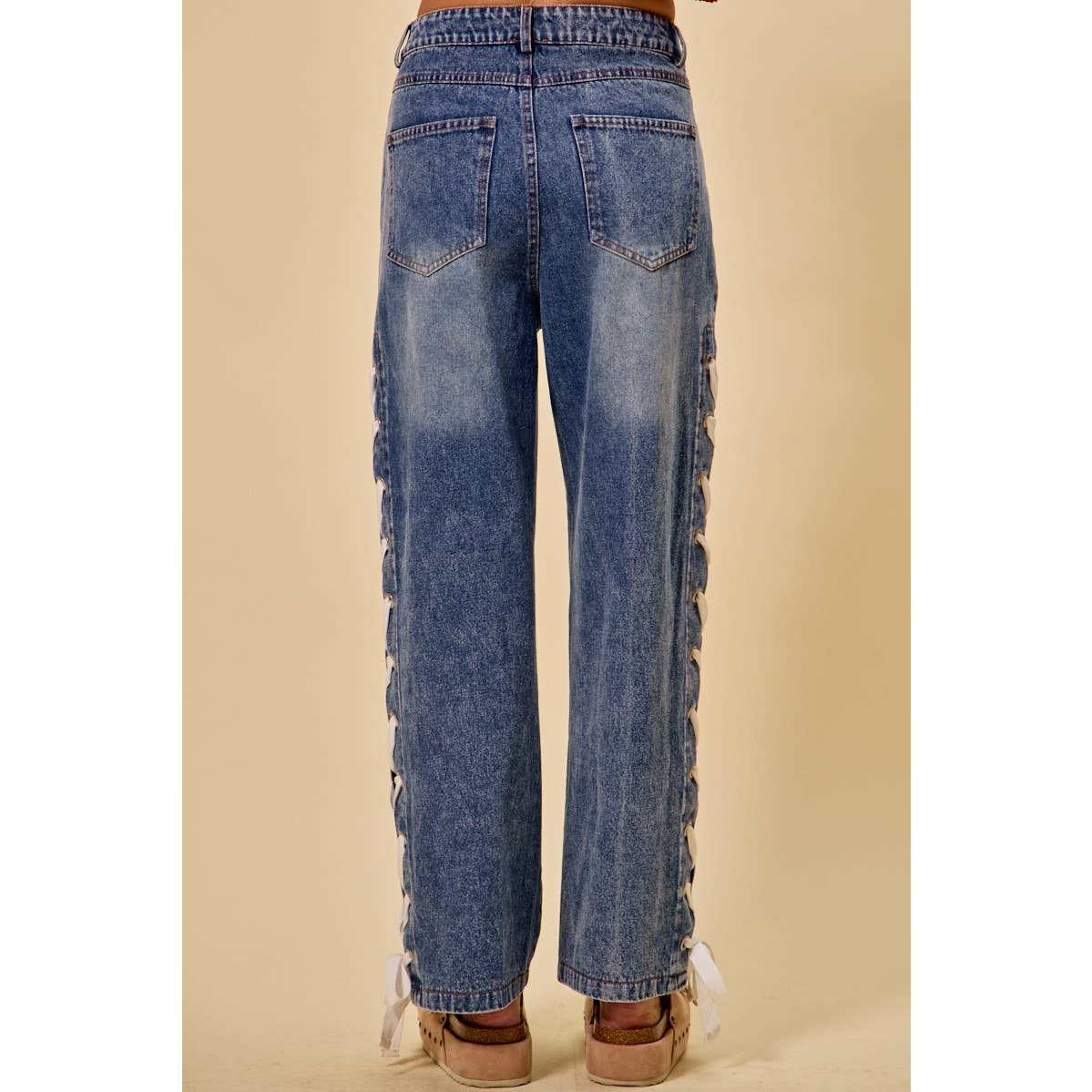 Mid Rise Straight Leg Denim Side Lace Up Jeans