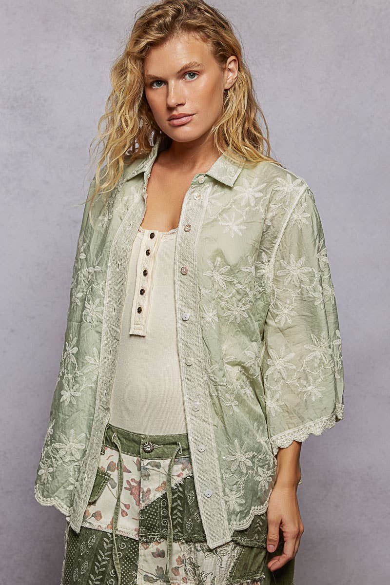 Scalloped Edges Embroidered Floral Half Sleeve Shirt