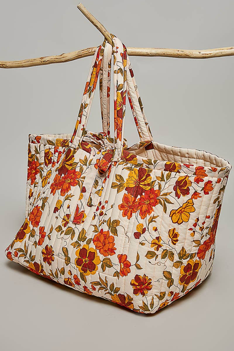 Ribbon-Tie Quilted Floral Jumbo Tote Bag