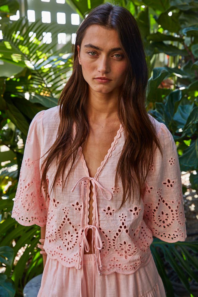 Woven Cotton Embroidered V-Neck Open Top