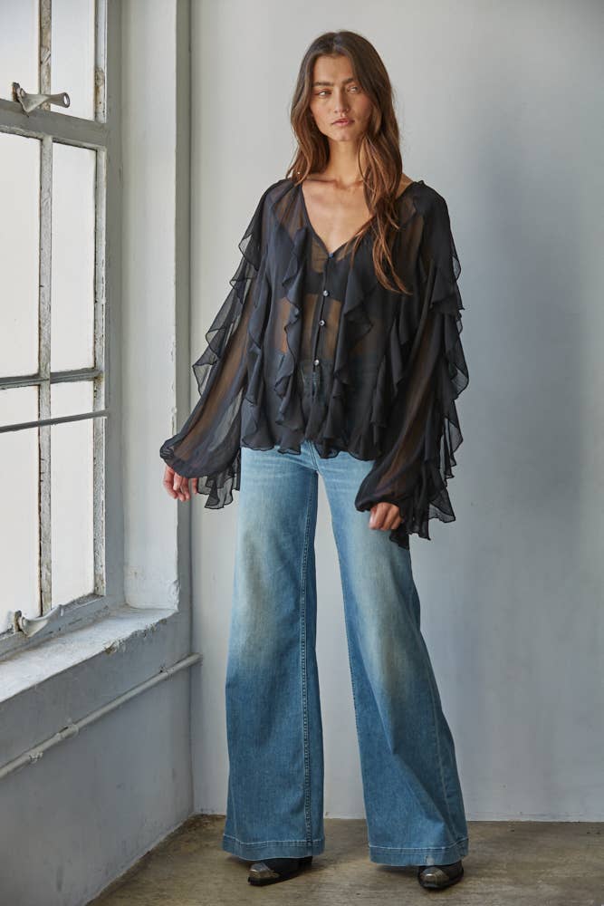 Ruffled V-Neck Button Down Top