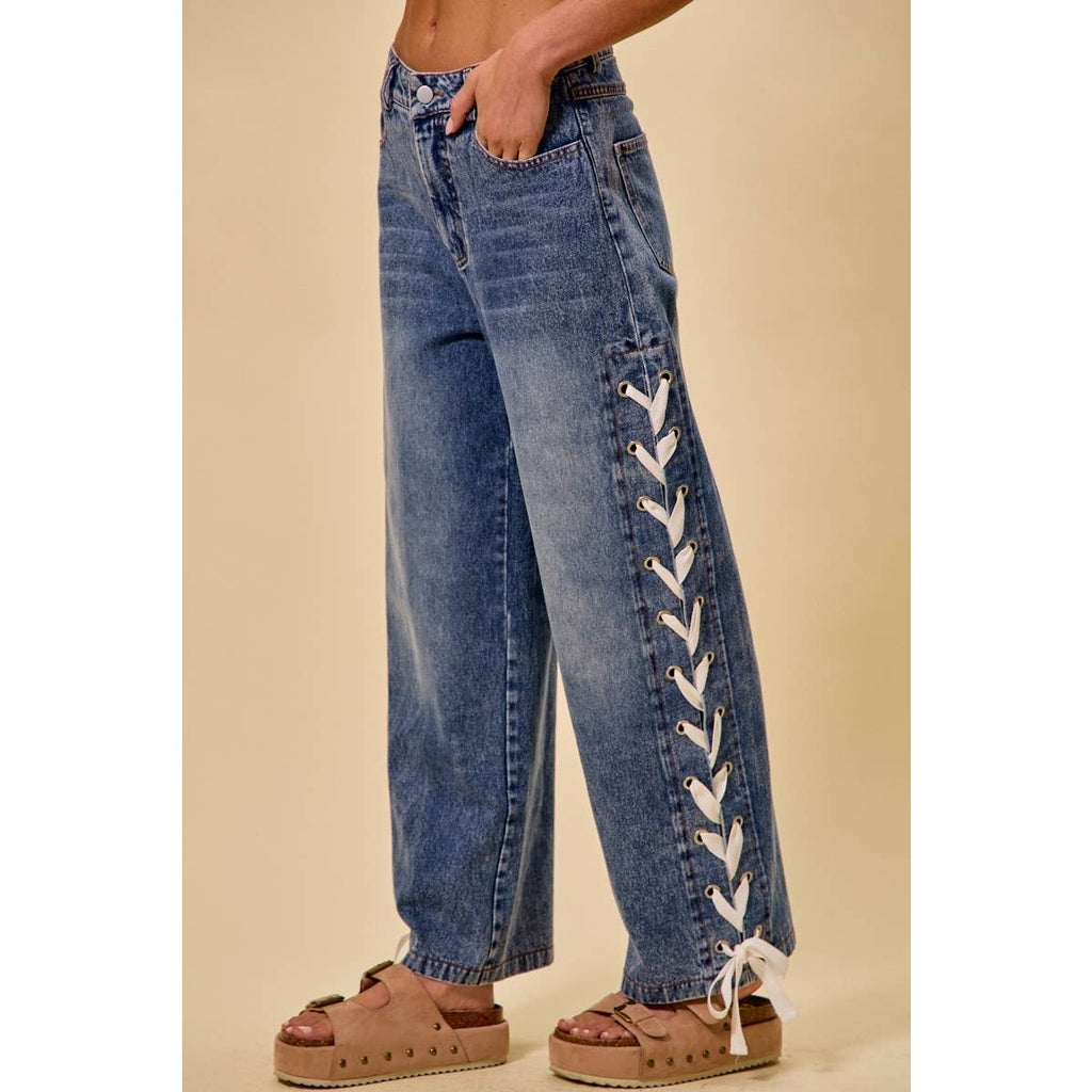 Mid Rise Straight Leg Denim Side Lace Up Jeans