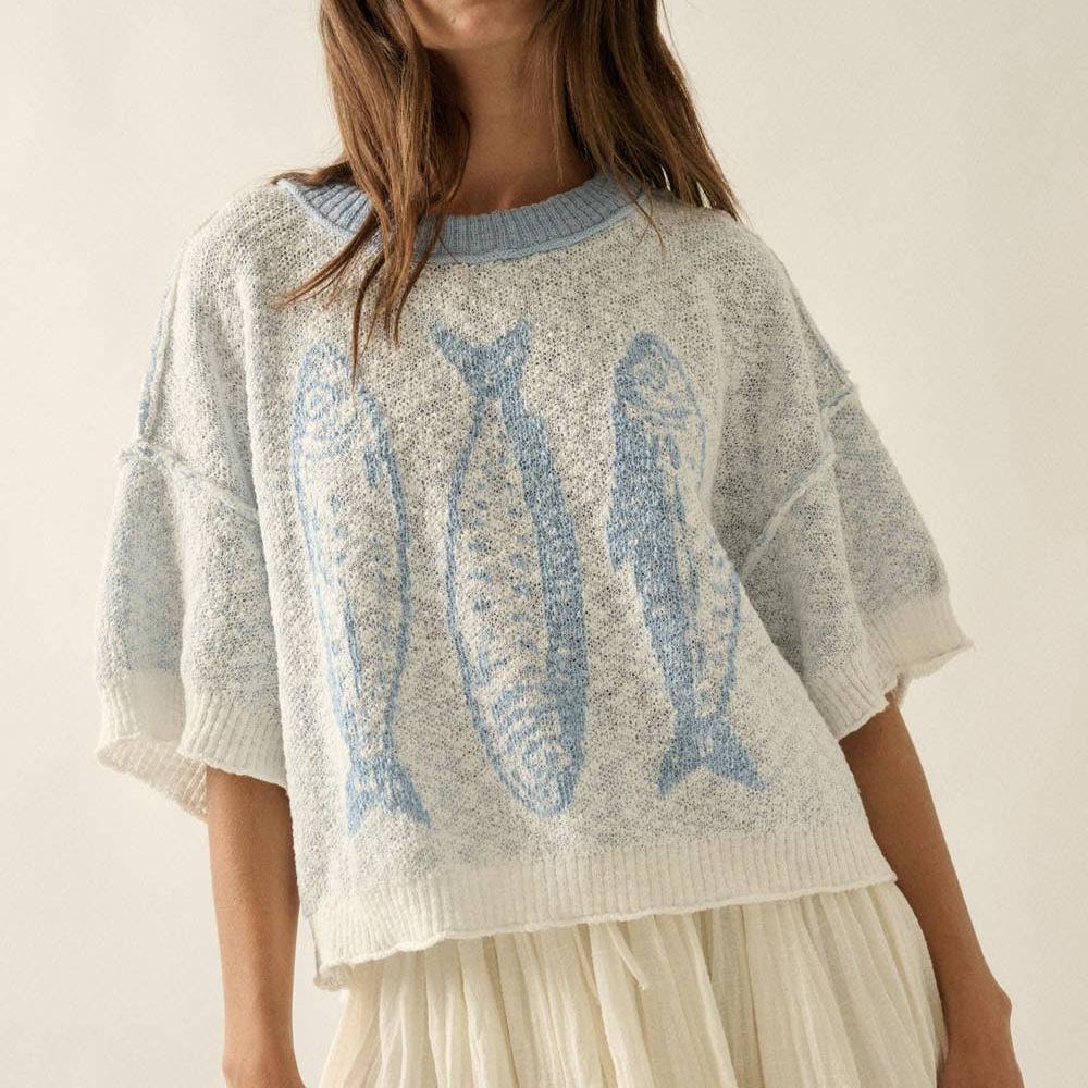 Three Fishes Textured Jacquard-Knit Short-Sleeve Sweater