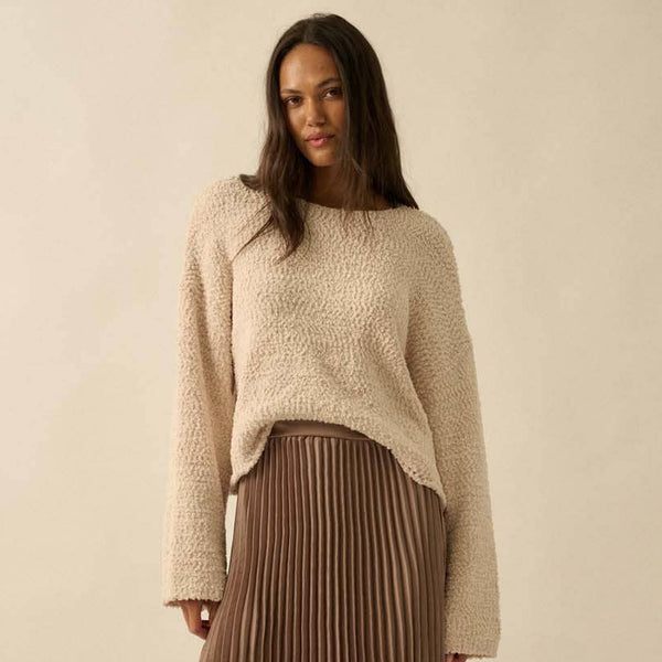 Popcorn-Knit Wide-Sleeve Boatneck Sweater