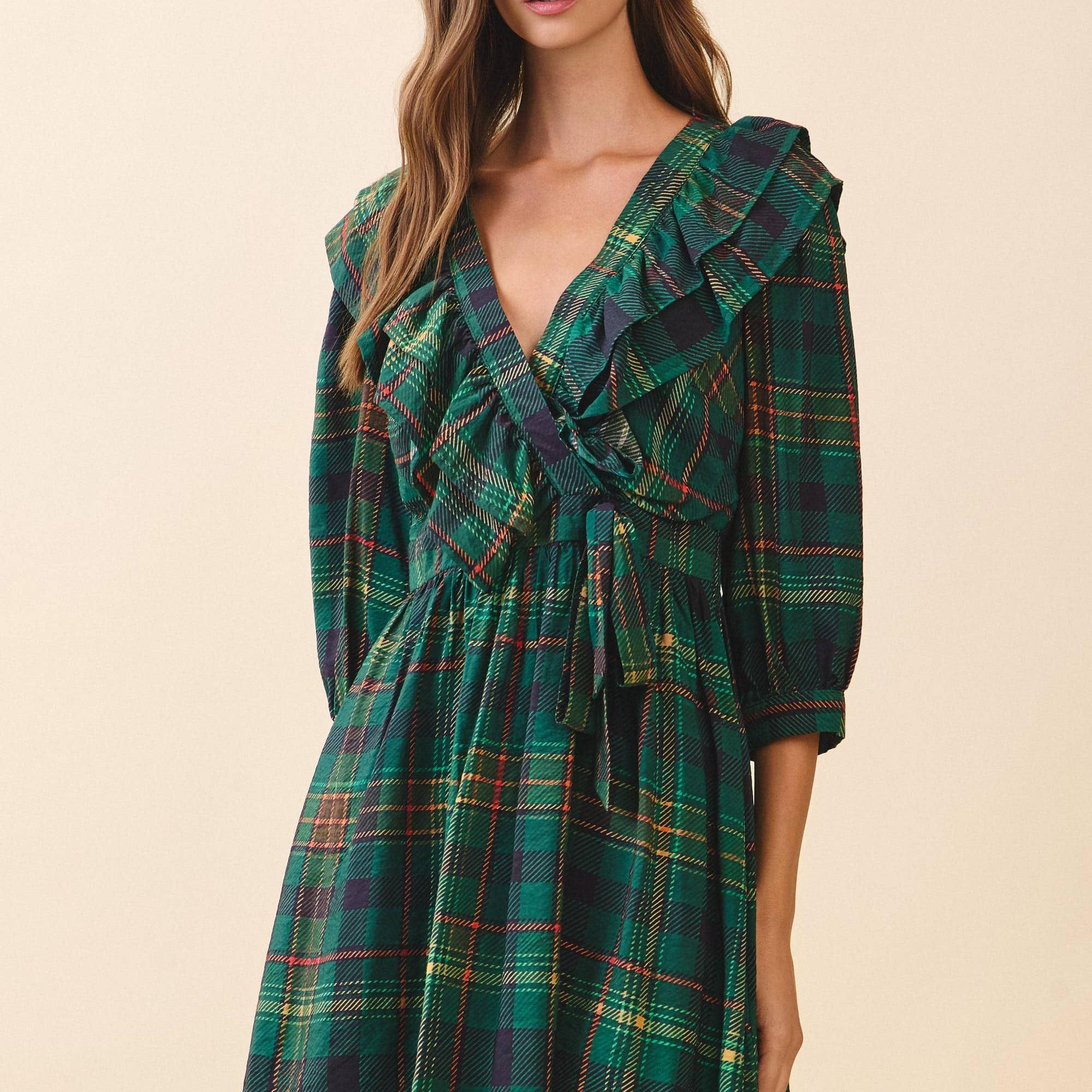 Plaid Deep V Neck Ruffle Trim Detail Wrap Dress