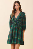 Plaid Deep V Neck Ruffle Trim Detail Wrap Dress